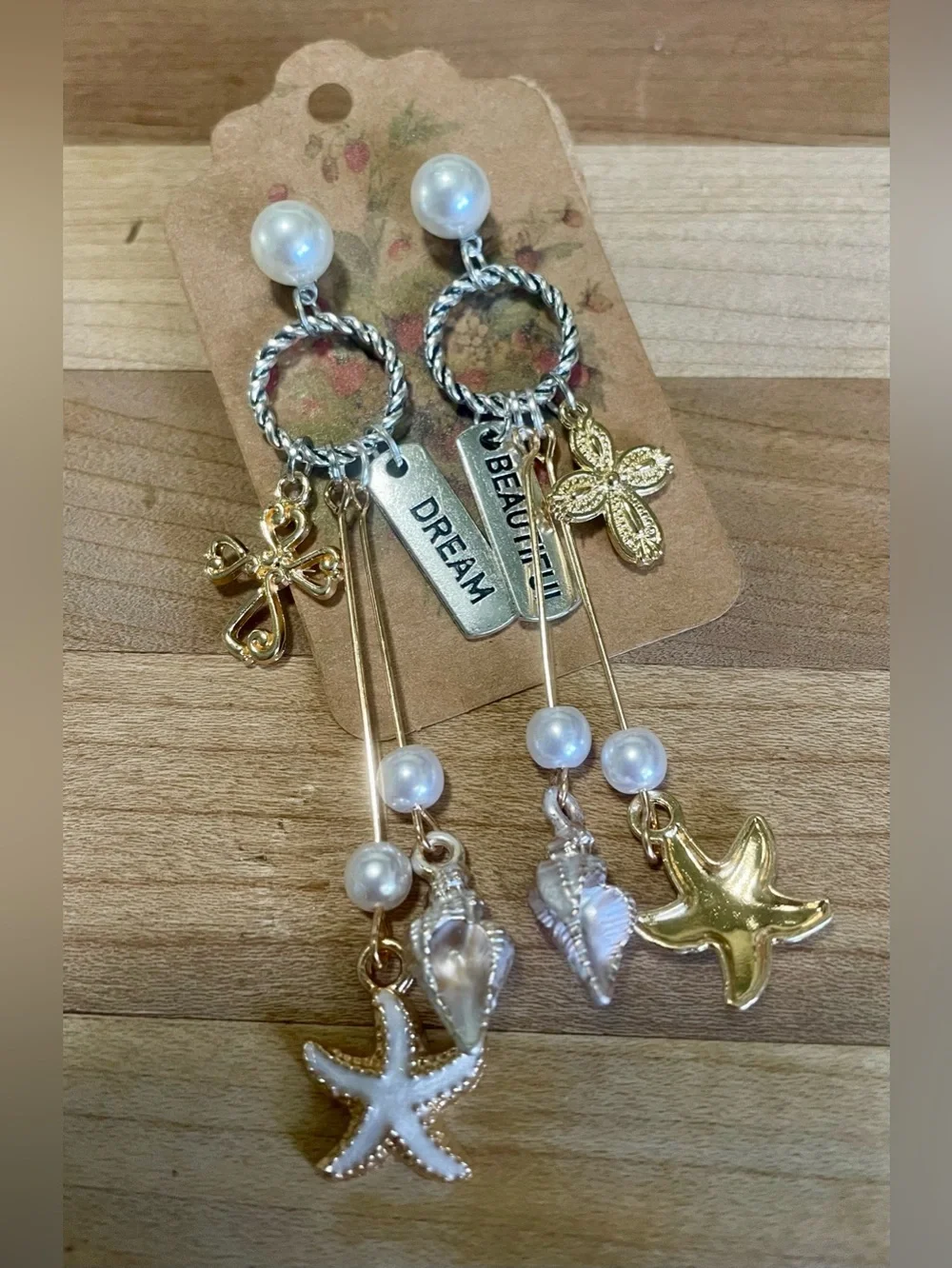 Pearl & Gold Seashell Drop Earrings - Picture 3 of 4